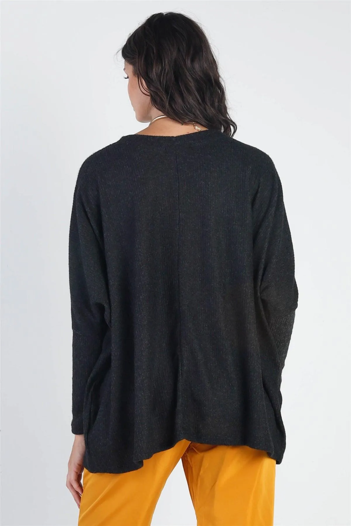 Charcoal Flannel Ribbed Dolman Sleeve Sweater