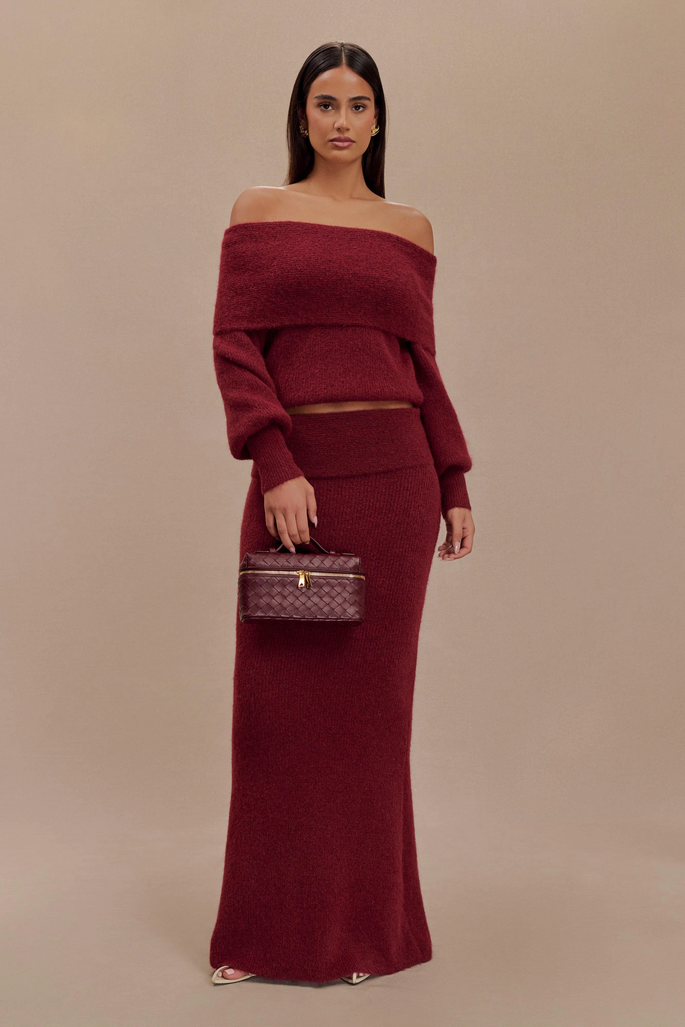 Charlotte Off Shoulder Knit Long Sleeve Top - Merlot