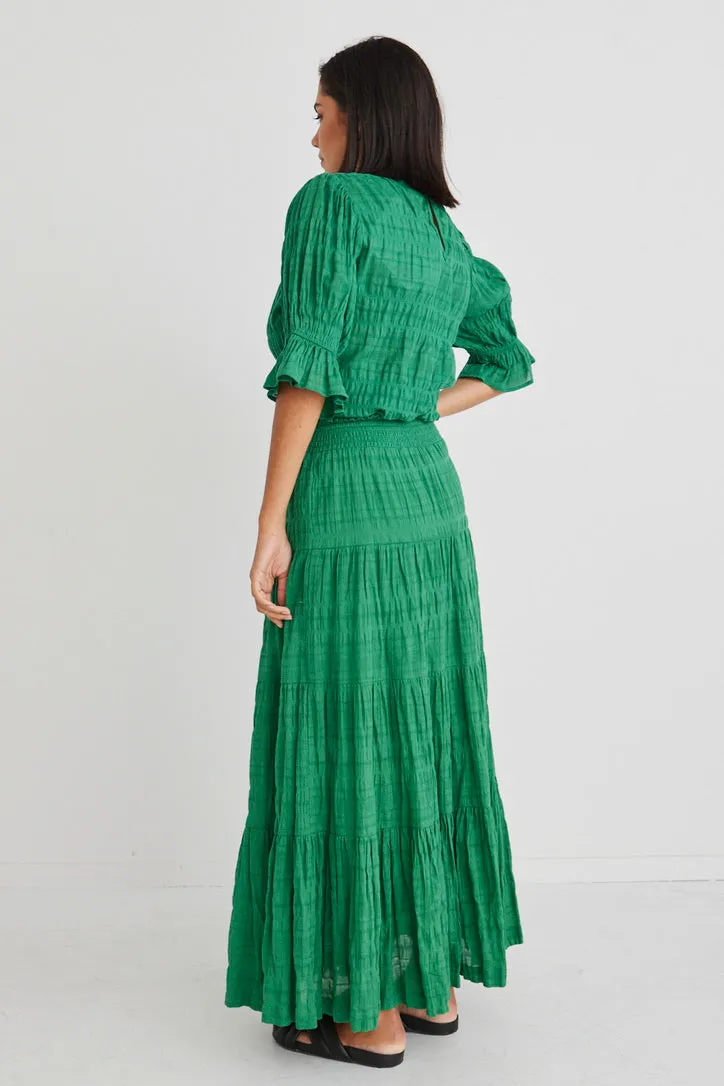 Charming Palm Green Shirred Cotton Tiered Maxi Skirt