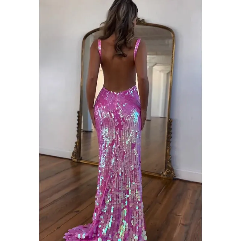 Chic & Modern V-neck Sparkly Sleevelss Sheath Side Slit Evening Party Prom Dress