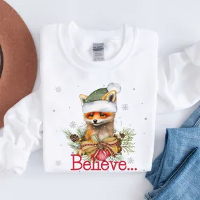 Christmas Believe Women's Cute Watercolor Winter Fox Cozy Crewneck Sweatshirt Christmas Gift White or Navy Christmas Pullover