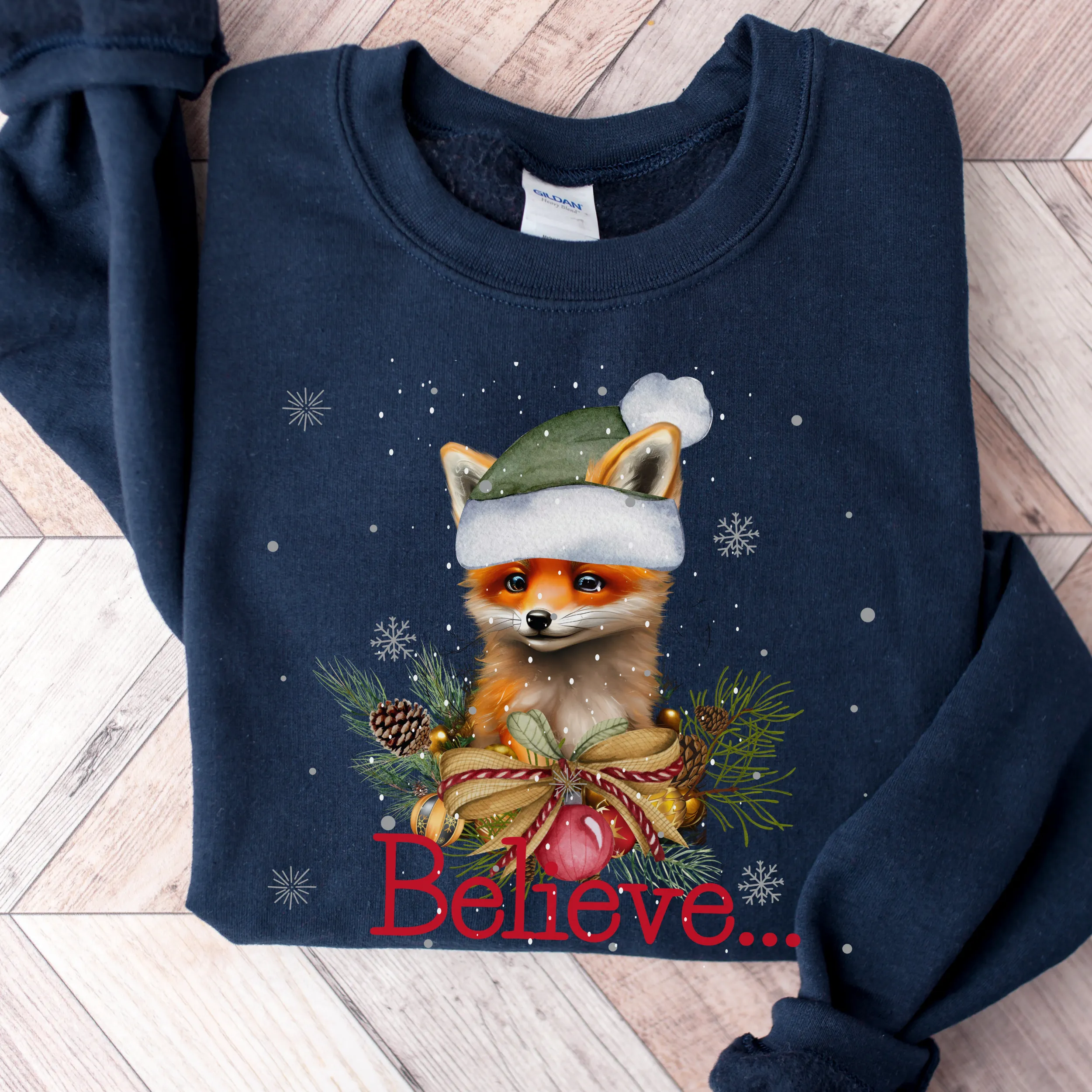 Christmas Believe Women's Cute Watercolor Winter Fox Cozy Crewneck Sweatshirt Christmas Gift White or Navy Christmas Pullover