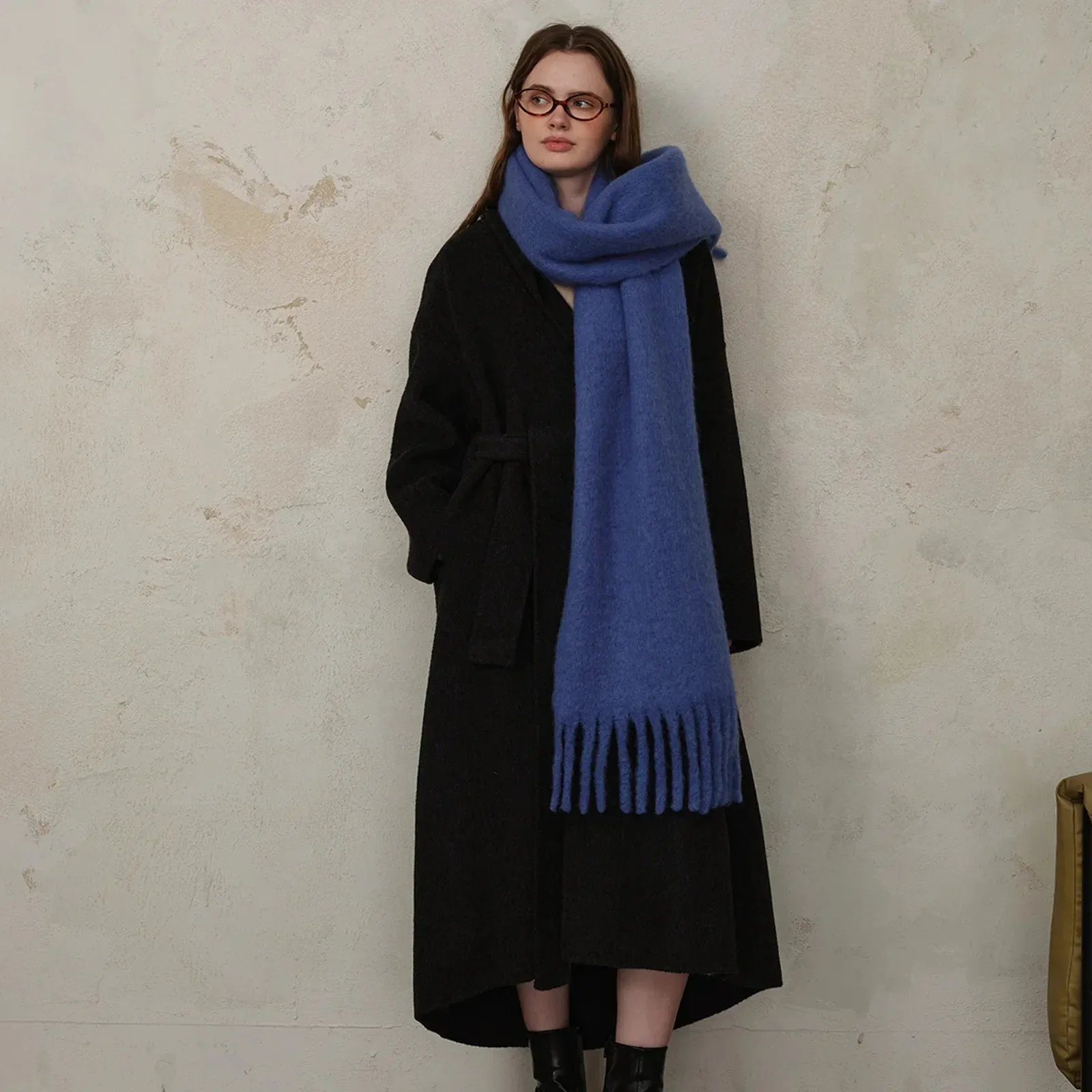 Classic Wool Blend Solid Tassel Winter Scarf for Women