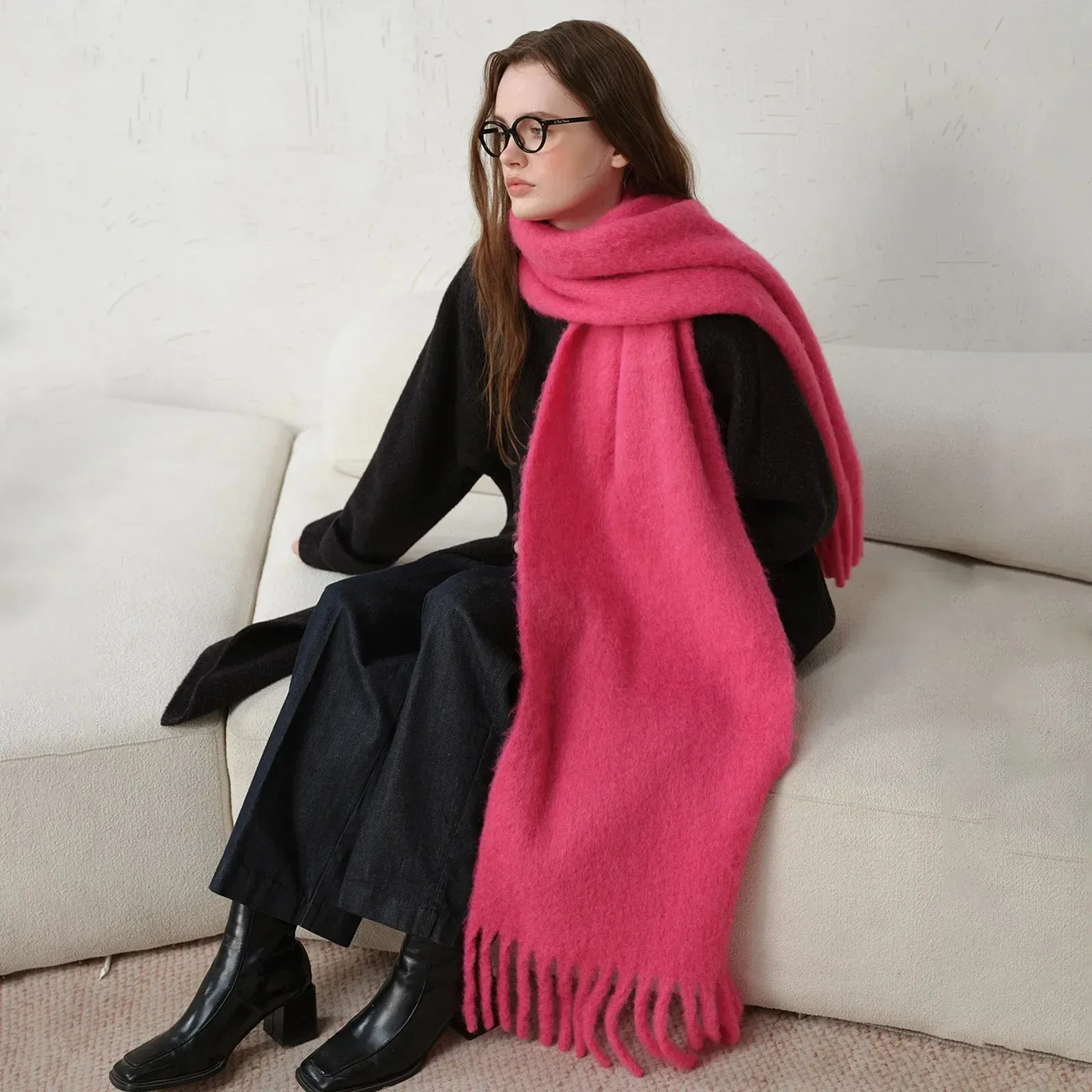 Classic Wool Blend Solid Tassel Winter Scarf for Women