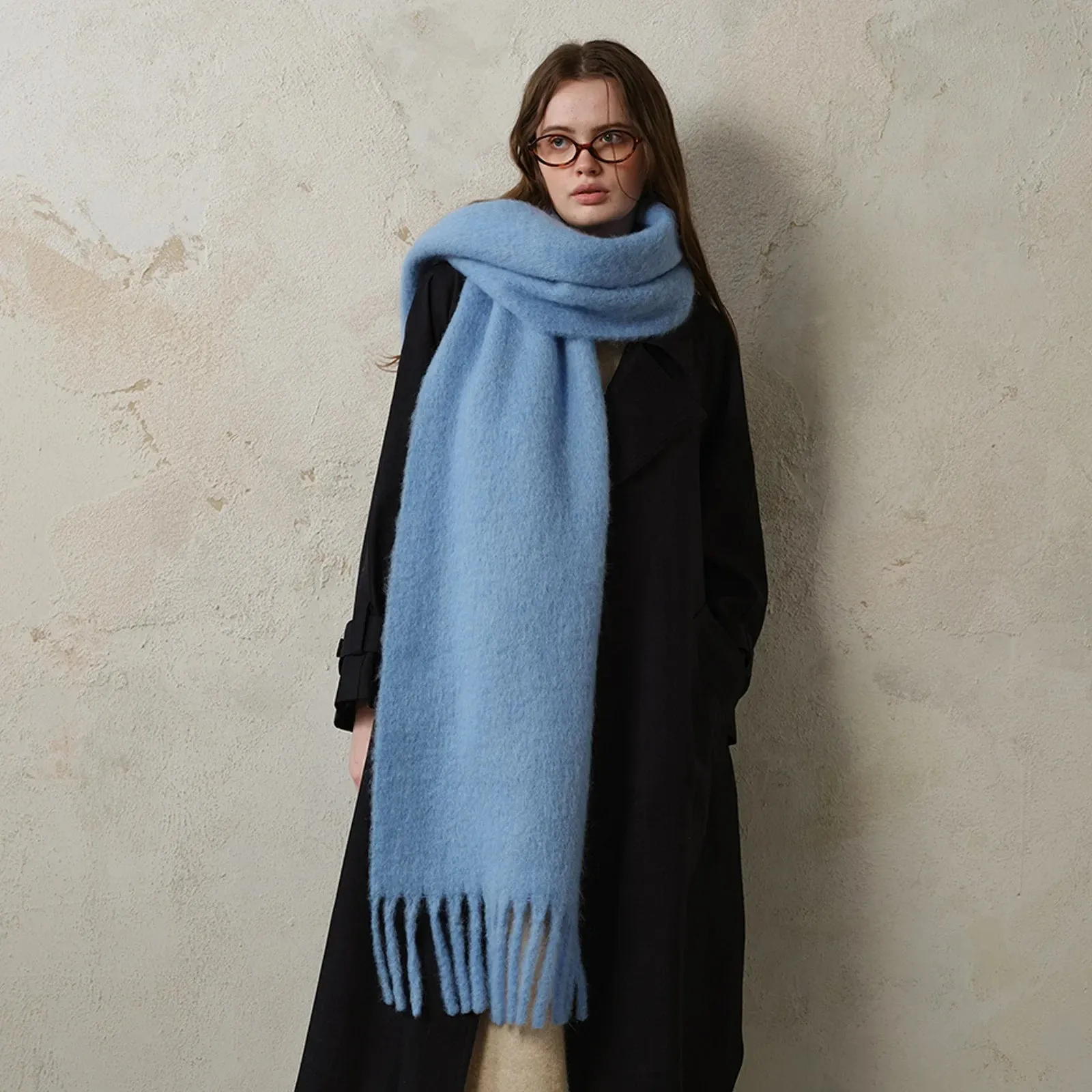 Classic Wool Blend Solid Tassel Winter Scarf for Women