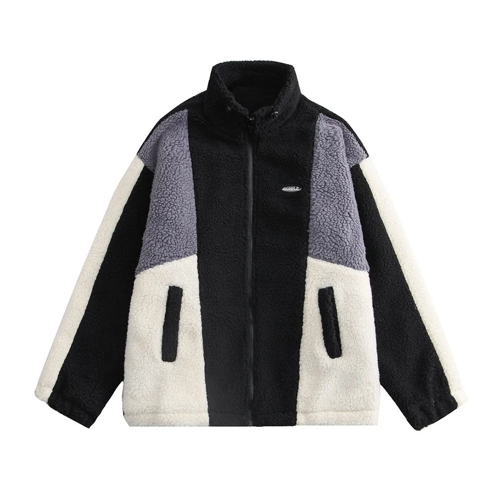 Color Block Patchwork Cotton Thick Warm Varsity Fuzzy Coat Jackets