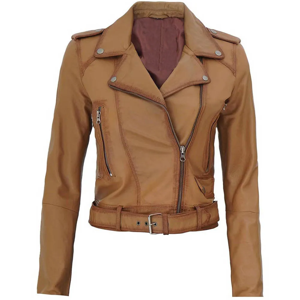 Cropped Biker Wax Beige Streetwear Genuine Leather Jacket Womens