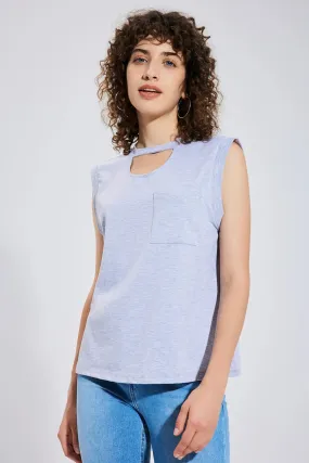 Cut Out Pocket Round Neck Top