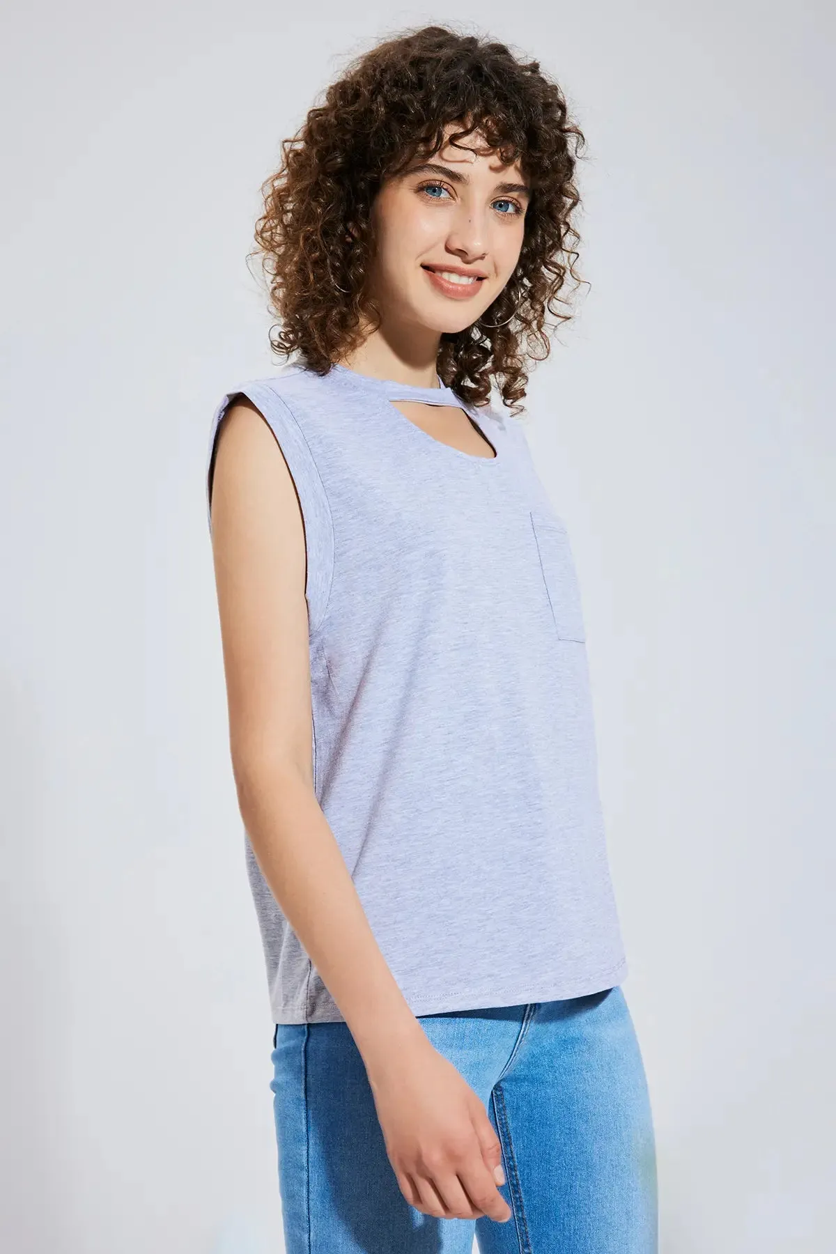 Cut Out Pocket Round Neck Top