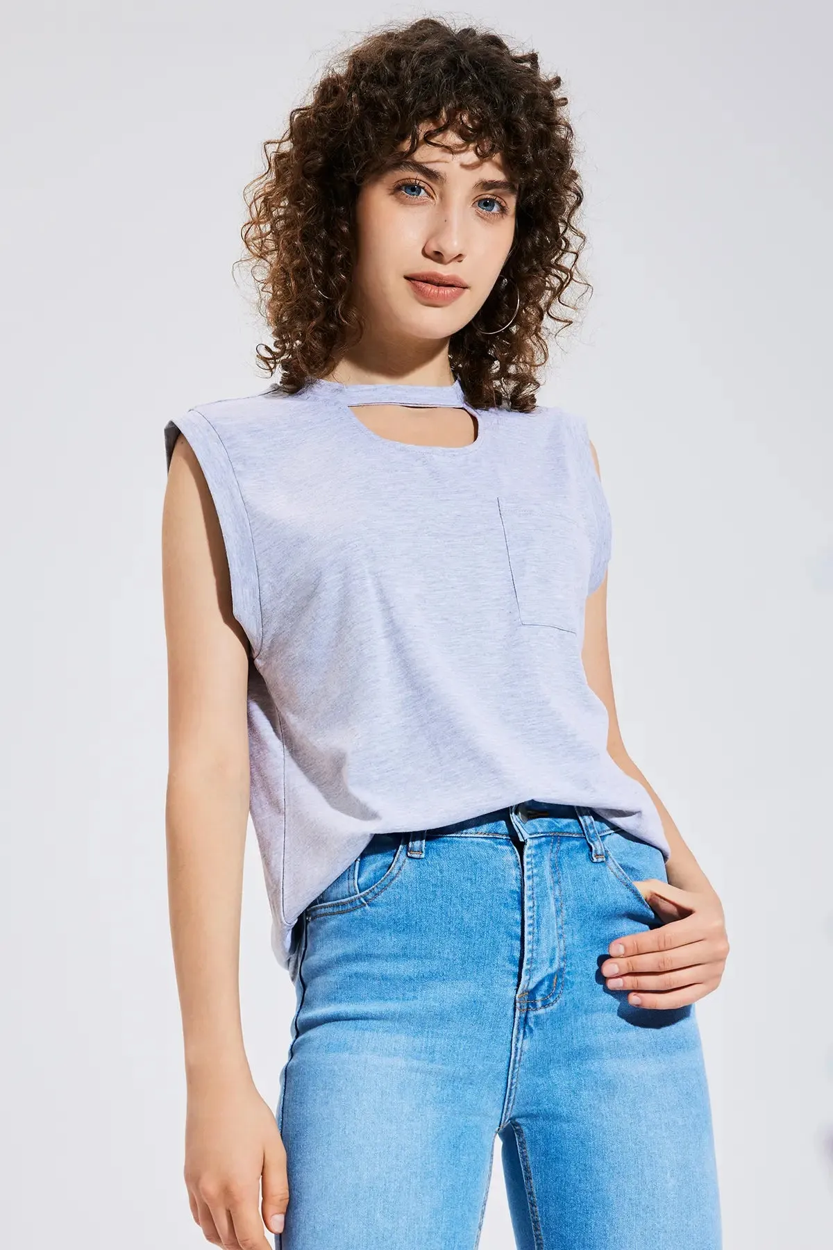 Cut Out Pocket Round Neck Top