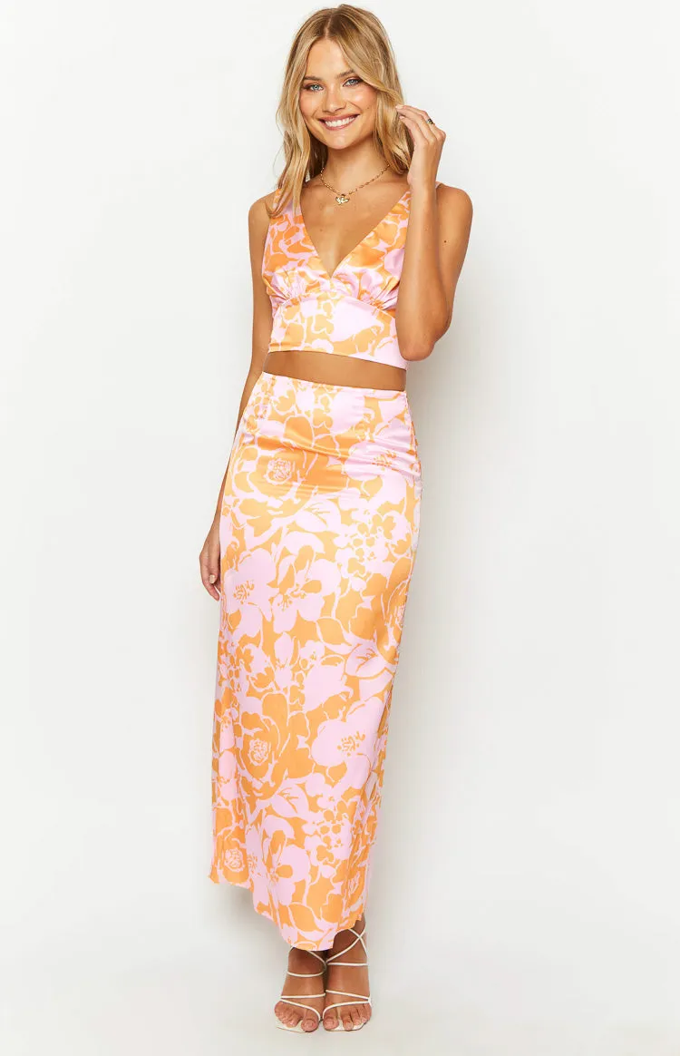 Dahlia Orange And Pink Floral Print Maxi Skirt