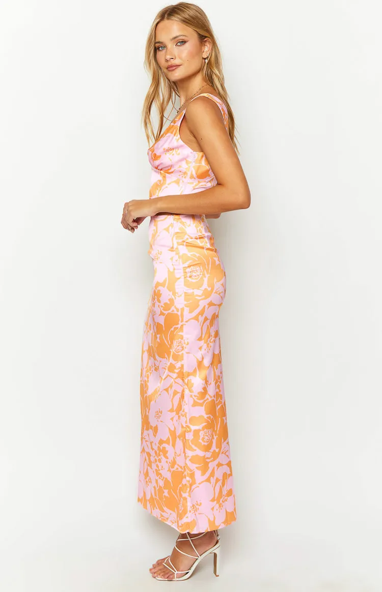 Dahlia Orange And Pink Floral Print Maxi Skirt