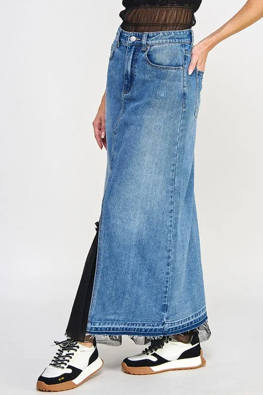 DISTRESSED DENIM MAXI SKIRT