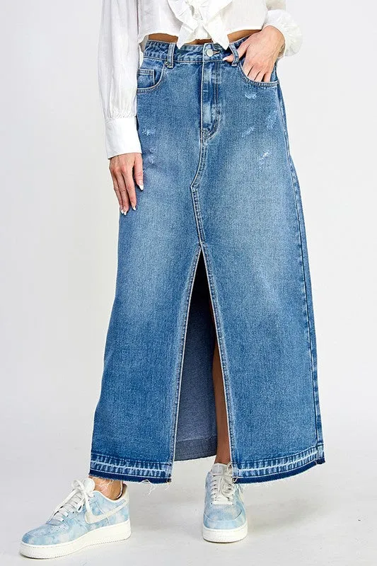 DISTRESSED DENIM MAXI SKIRT