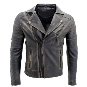 Double Zip Slim Fit Style Motorcycle Biker Distressed Black Leather Jacket Mens