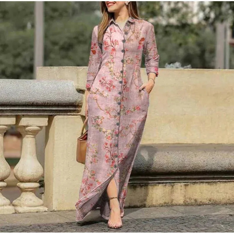 Elegant Women's Autumn/Winter Leisure Positioning Print Retro Pocket Polo Collar Long Sleeve Button Shirt Fashion Long Dresses