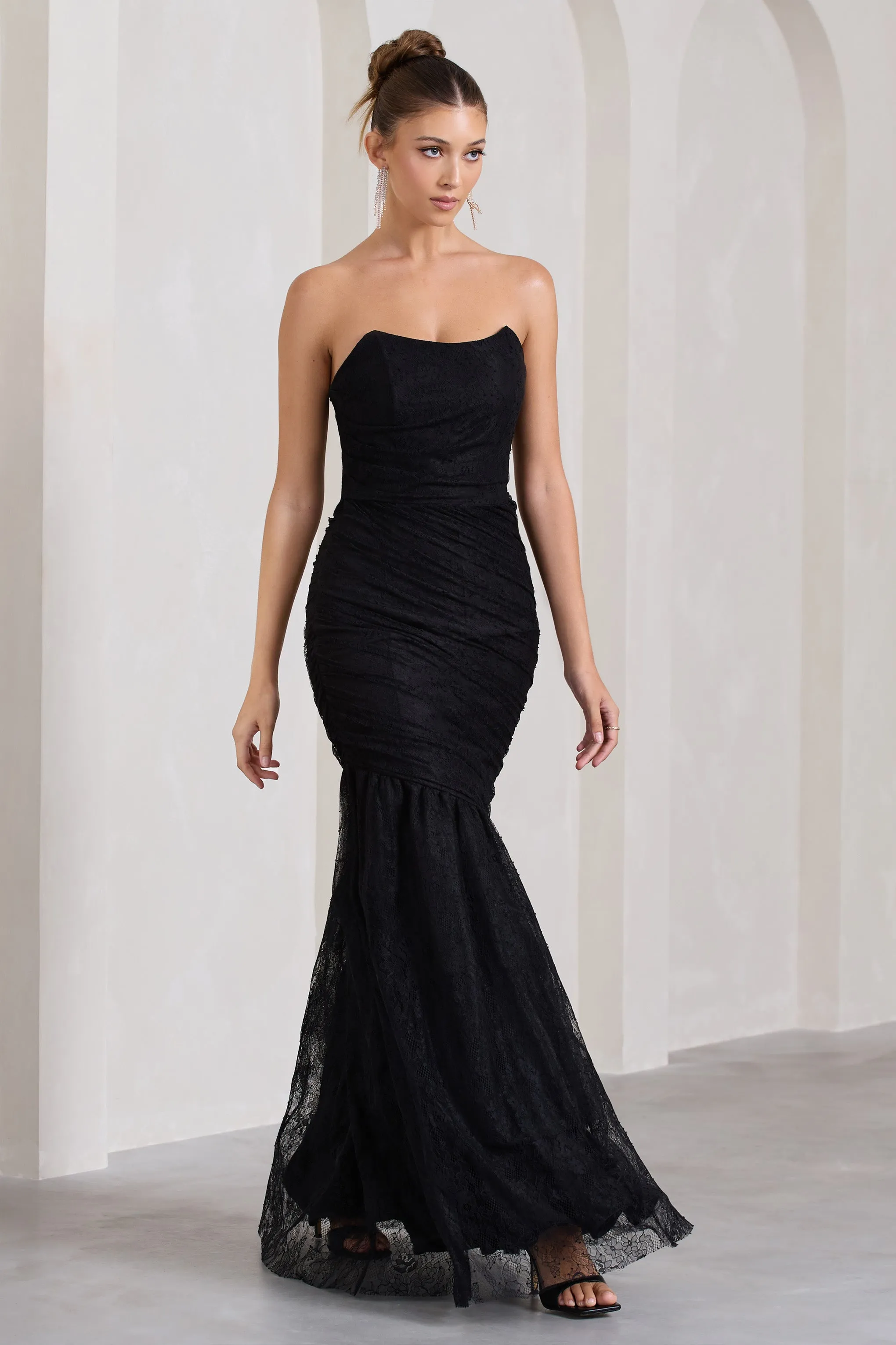 Encapsulate | Black Lace Ruched Strapless Fishtail Maxi Dress