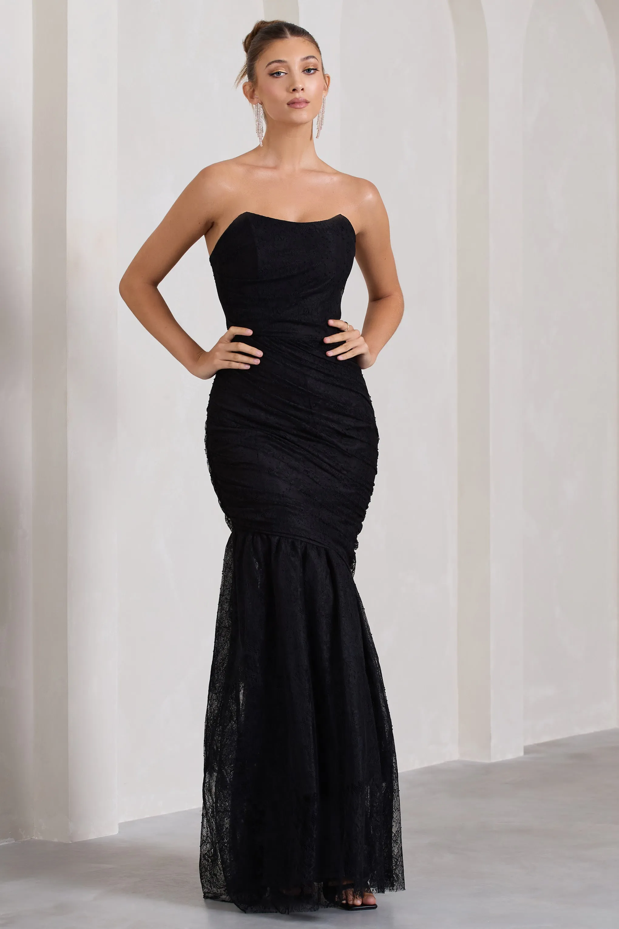 Encapsulate | Black Lace Ruched Strapless Fishtail Maxi Dress