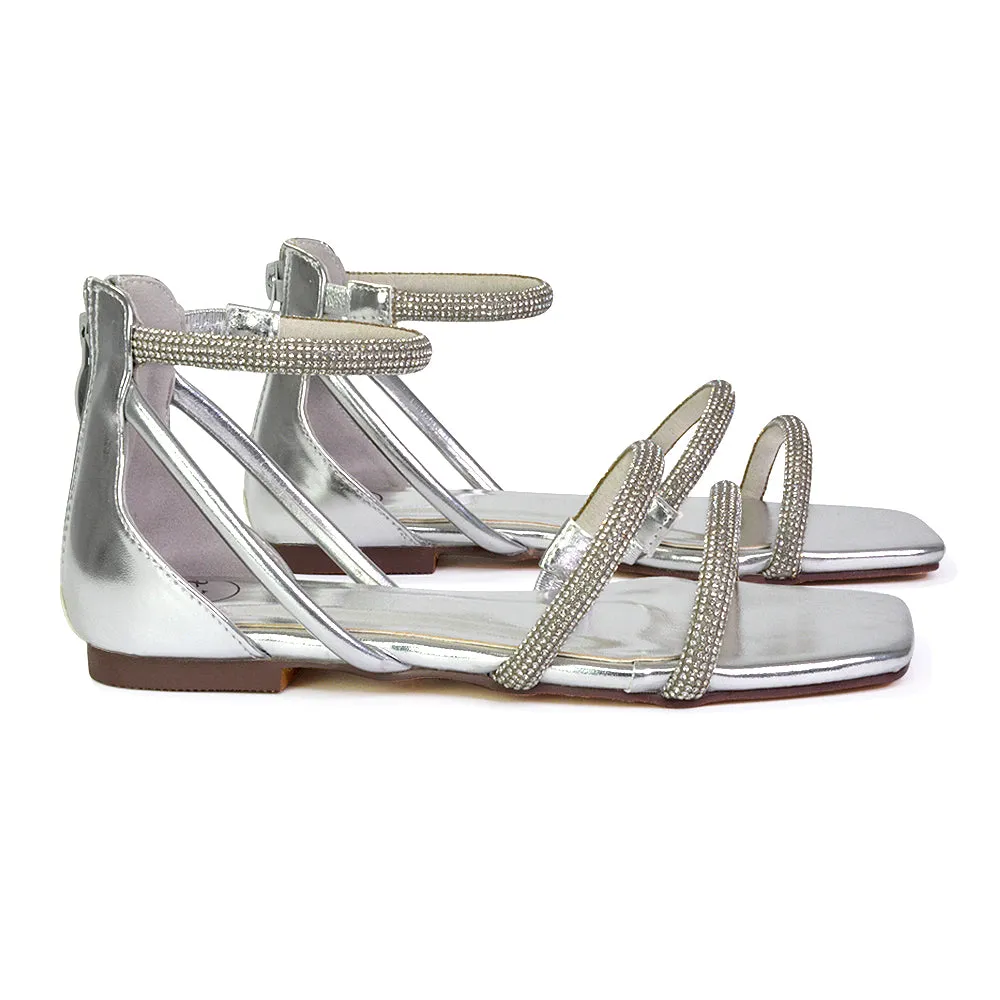 Esma Strappy Diamante Flat Sandals with A Square Toe in SIlver