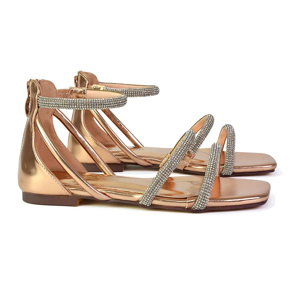 Esma Strappy Diamante Flat Sandals with A Square Toe in SIlver