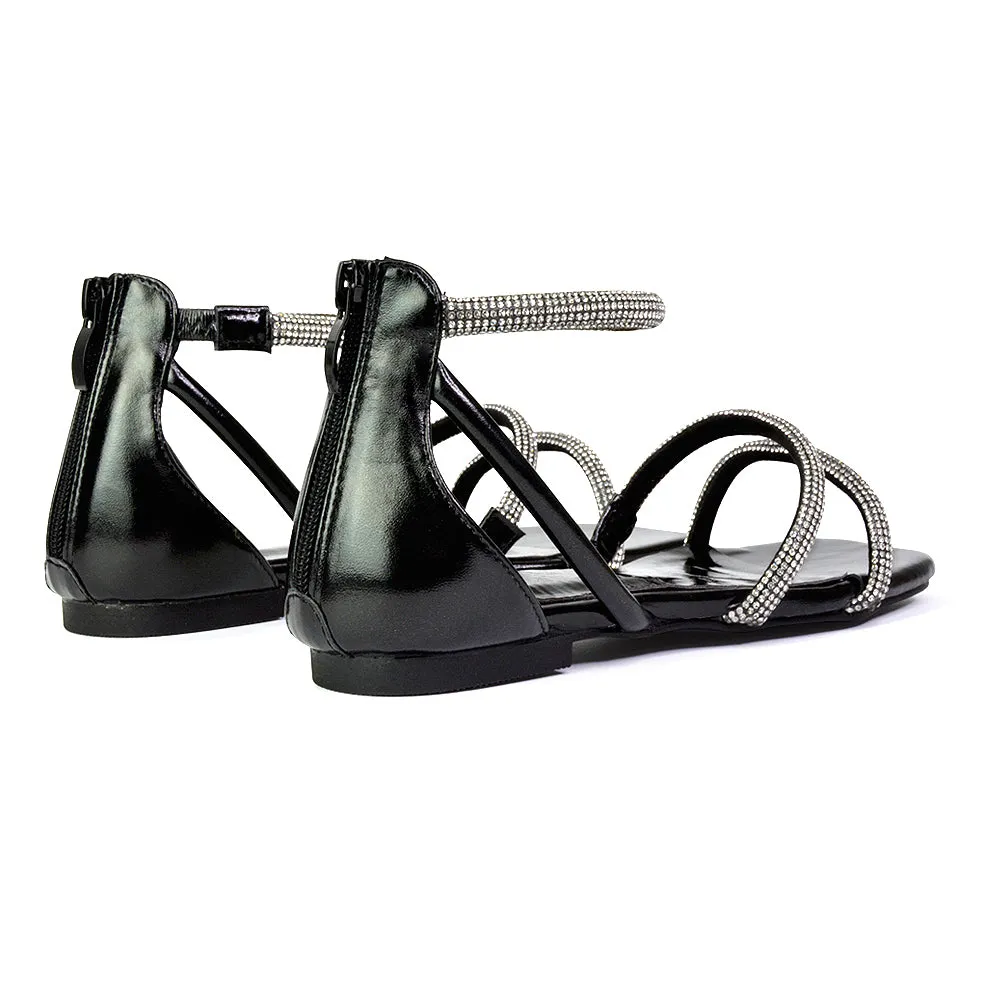 Esma Strappy Diamante Flat Sandals with A Square Toe in SIlver