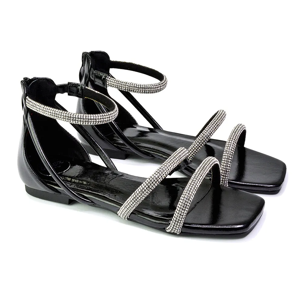 Esma Strappy Diamante Flat Sandals with A Square Toe in SIlver