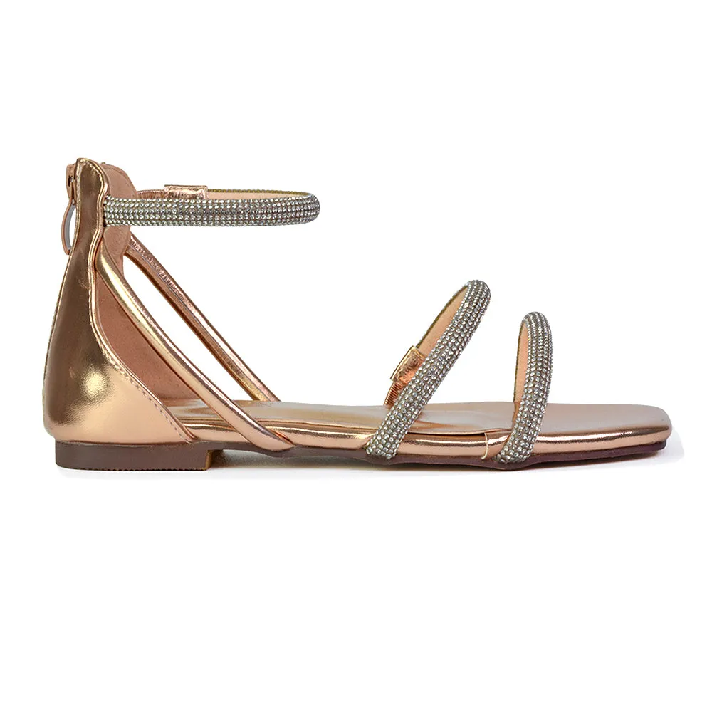 Esma Strappy Diamante Flat Sandals with A Square Toe in SIlver