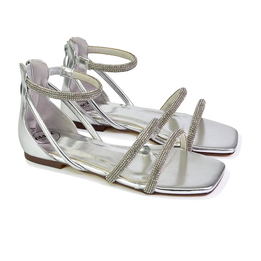 Esma Strappy Diamante Flat Sandals with A Square Toe in SIlver