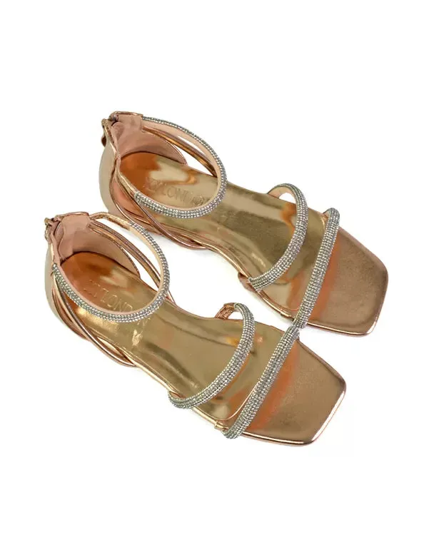 Esma Strappy Diamante Flat Sandals with A Square Toe in SIlver