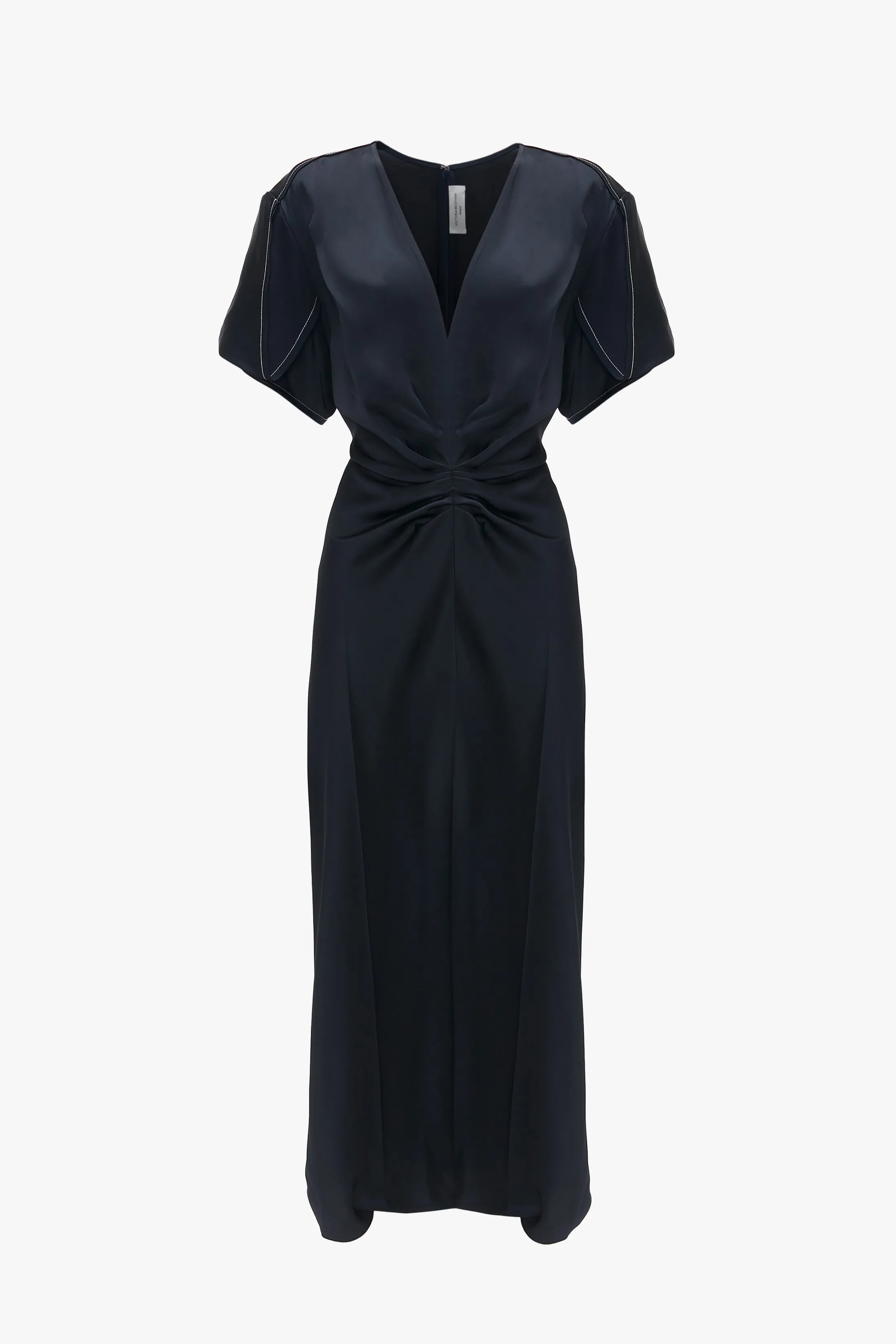 Exclusive Gathered V-Neck Midi Dress In Navy