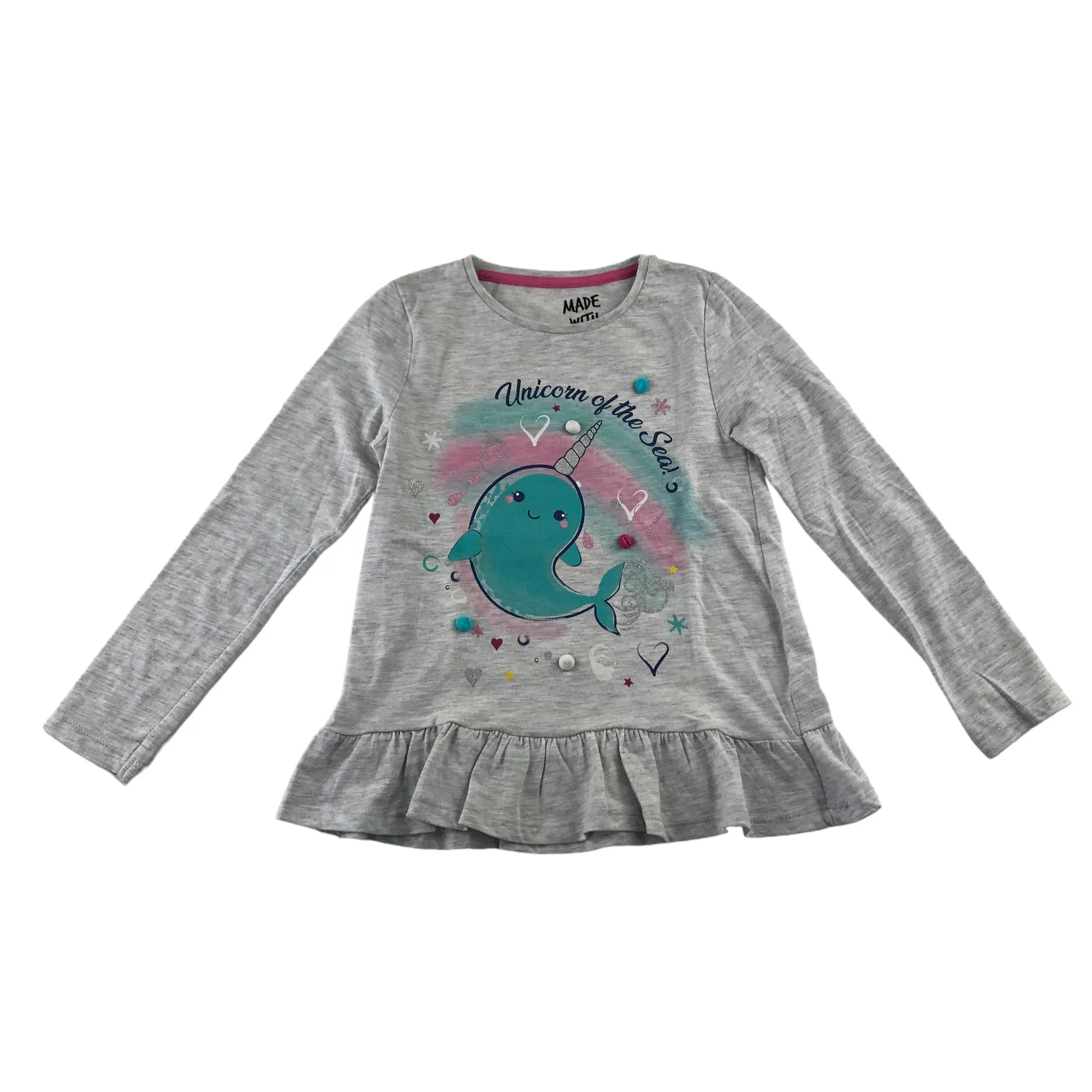 F&F t-shirt 6-7 years light grey long sleeve peplum hem narwhal