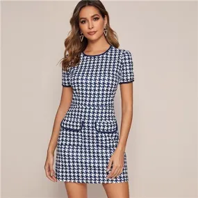 FashionSierra - Black And White Flap Pocket Houndstooth Ringer Elegant Dress