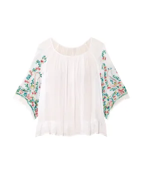 Faye Anne Flare Sleeve Peasant Blouse | White / Light Blue