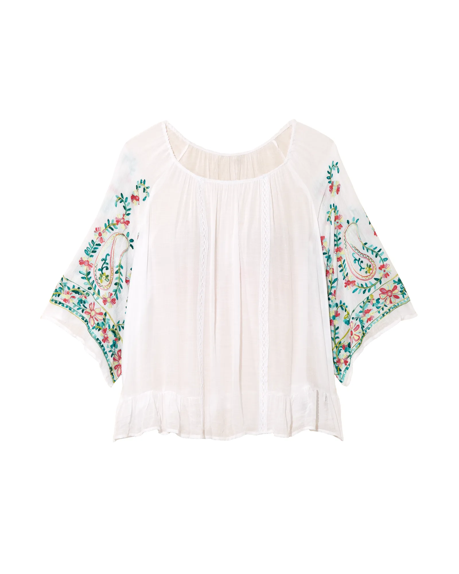 Faye Anne Flare Sleeve Peasant Blouse | White / Light Blue