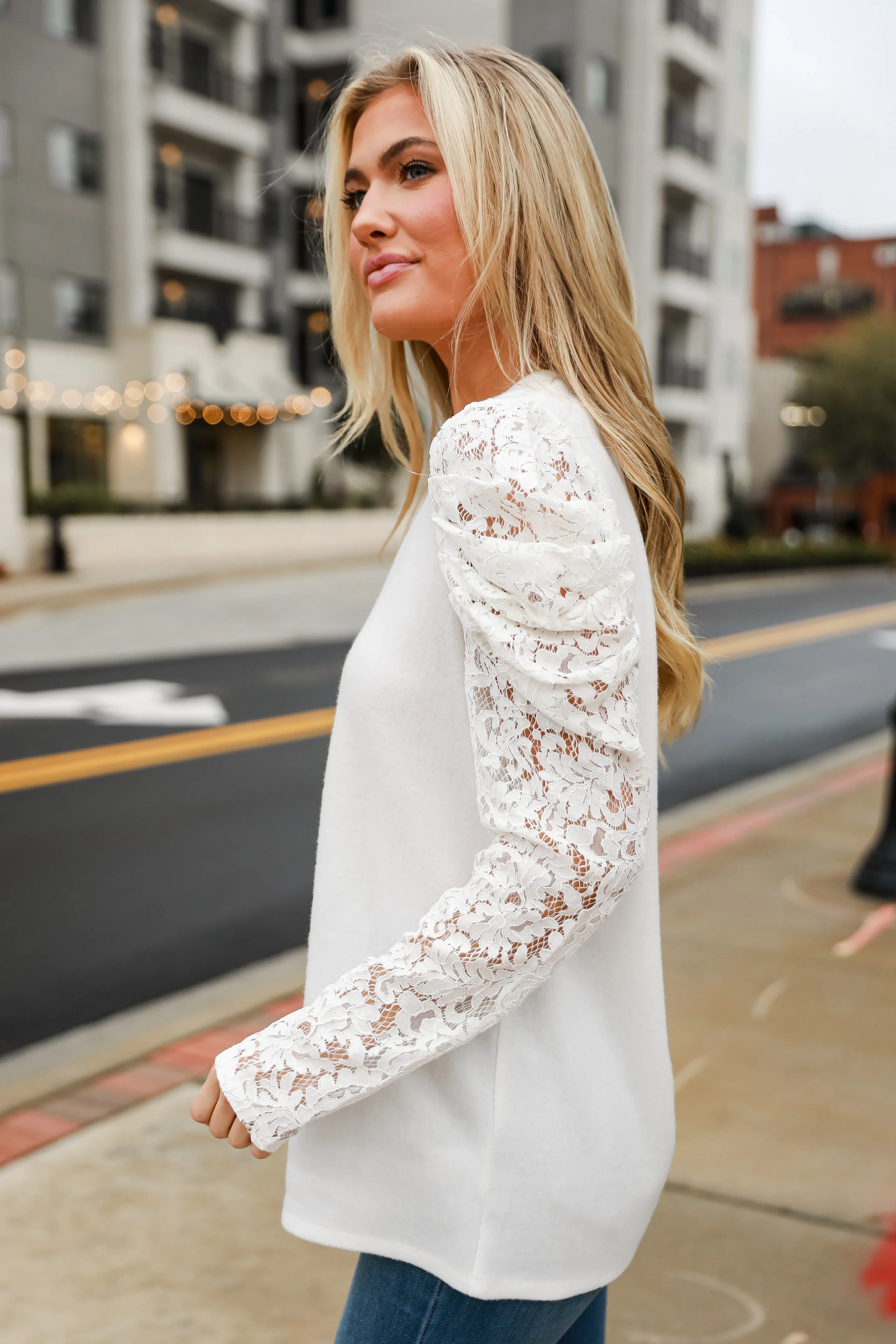 FINAL SALE - Effortless Flirt Off White Lace Sleeve Brushed Knit Top