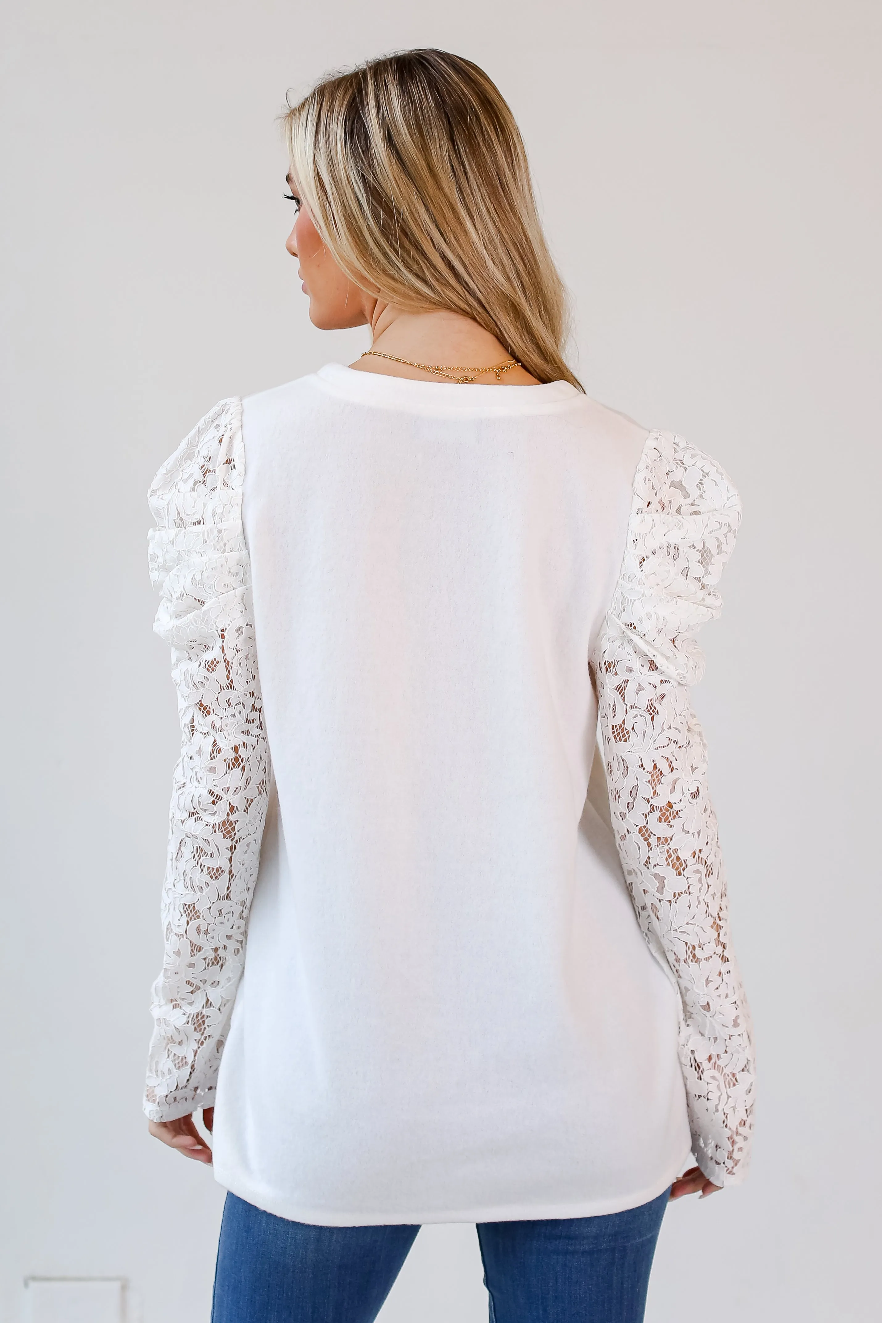 FINAL SALE - Effortless Flirt Off White Lace Sleeve Brushed Knit Top