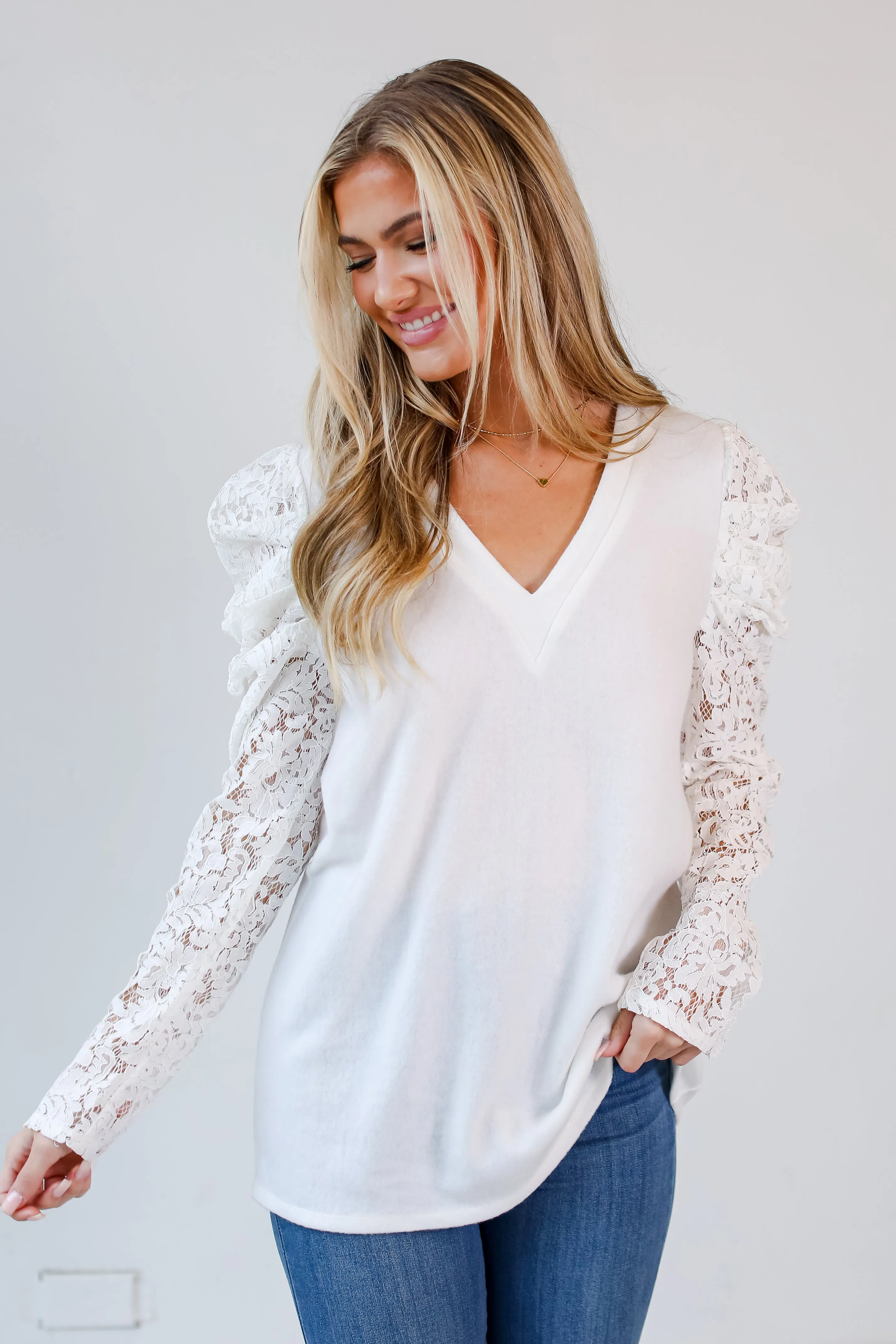 FINAL SALE - Effortless Flirt Off White Lace Sleeve Brushed Knit Top