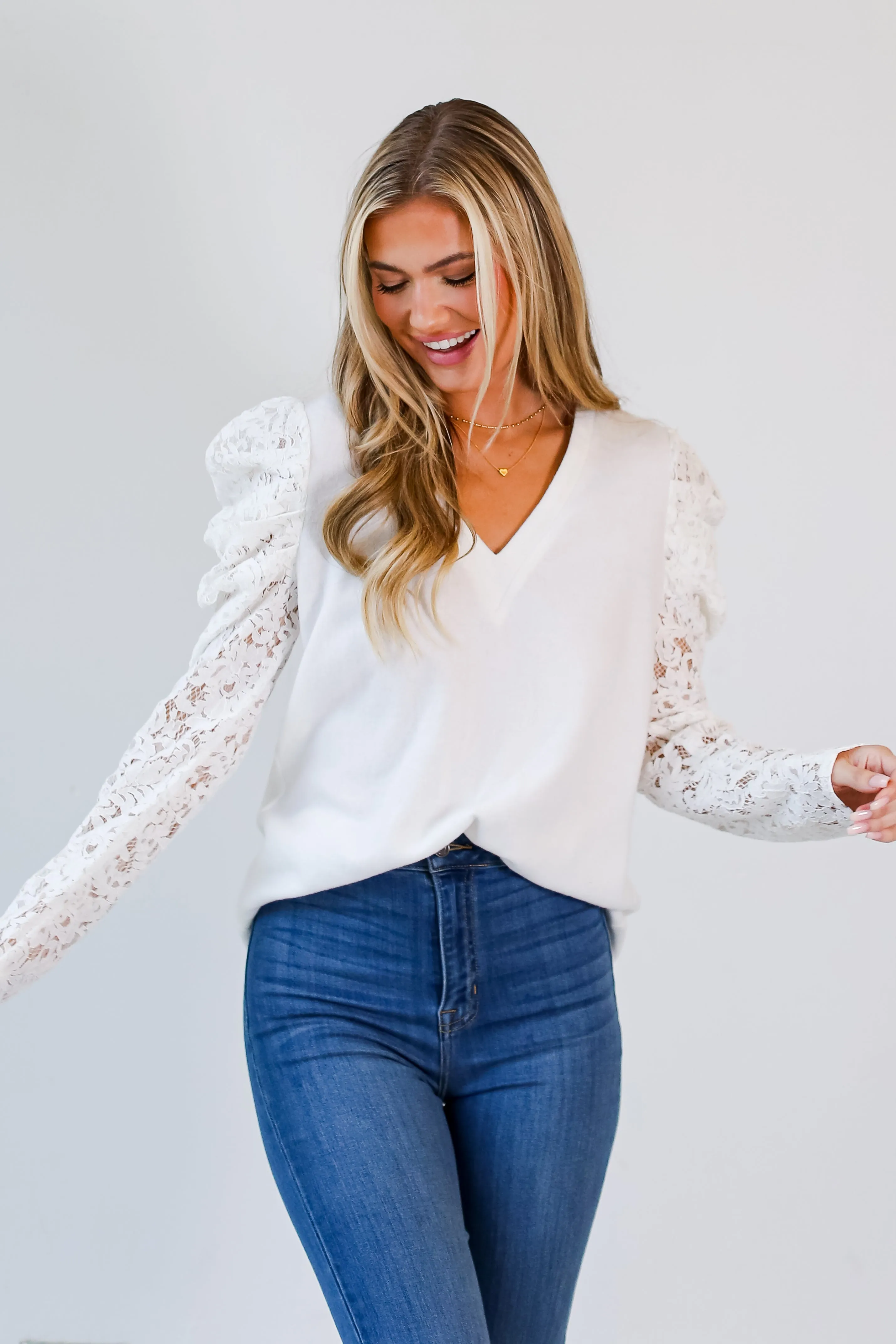 FINAL SALE - Effortless Flirt Off White Lace Sleeve Brushed Knit Top