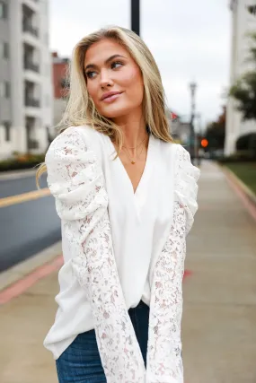 FINAL SALE - Effortless Flirt Off White Lace Sleeve Brushed Knit Top