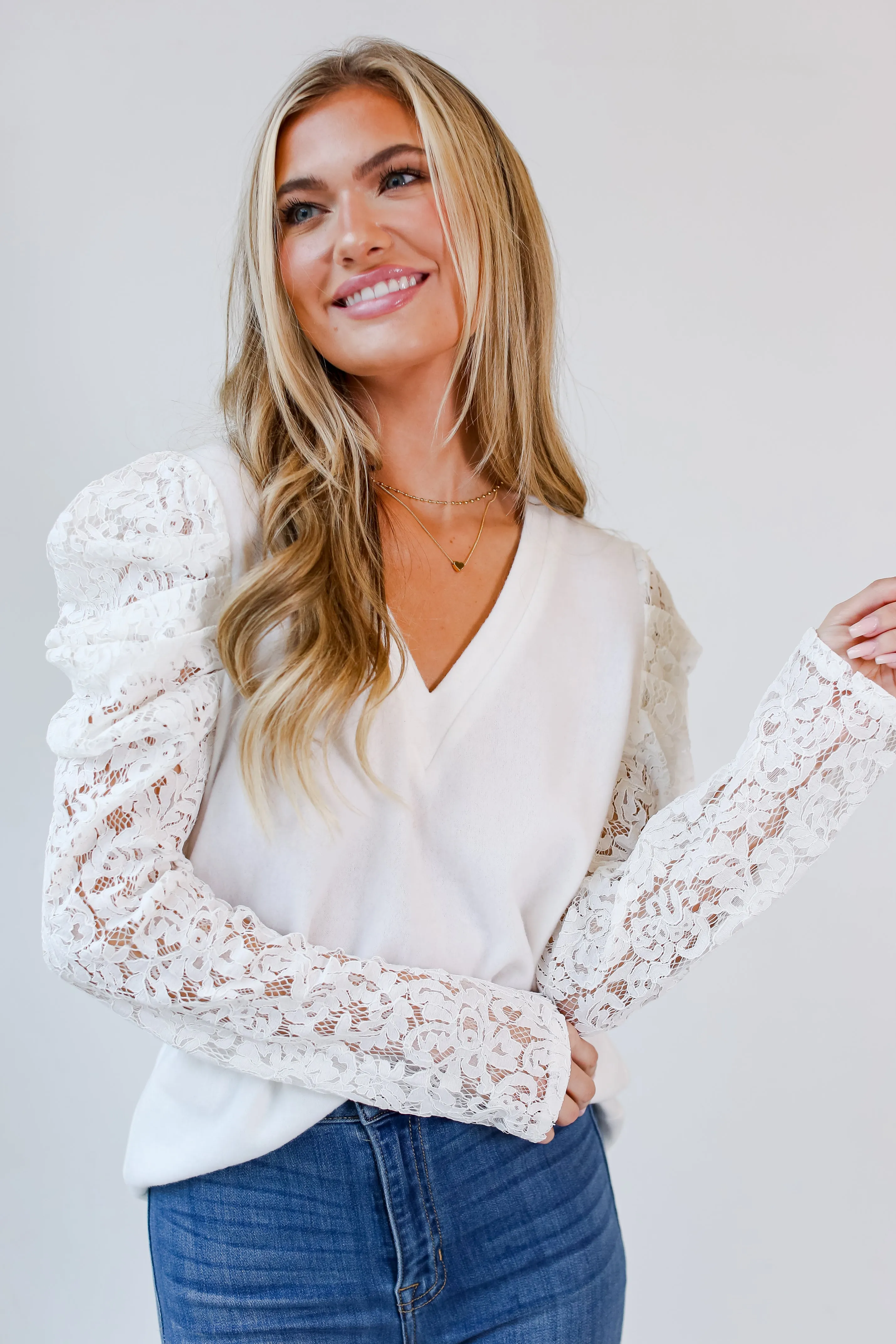 FINAL SALE - Effortless Flirt Off White Lace Sleeve Brushed Knit Top