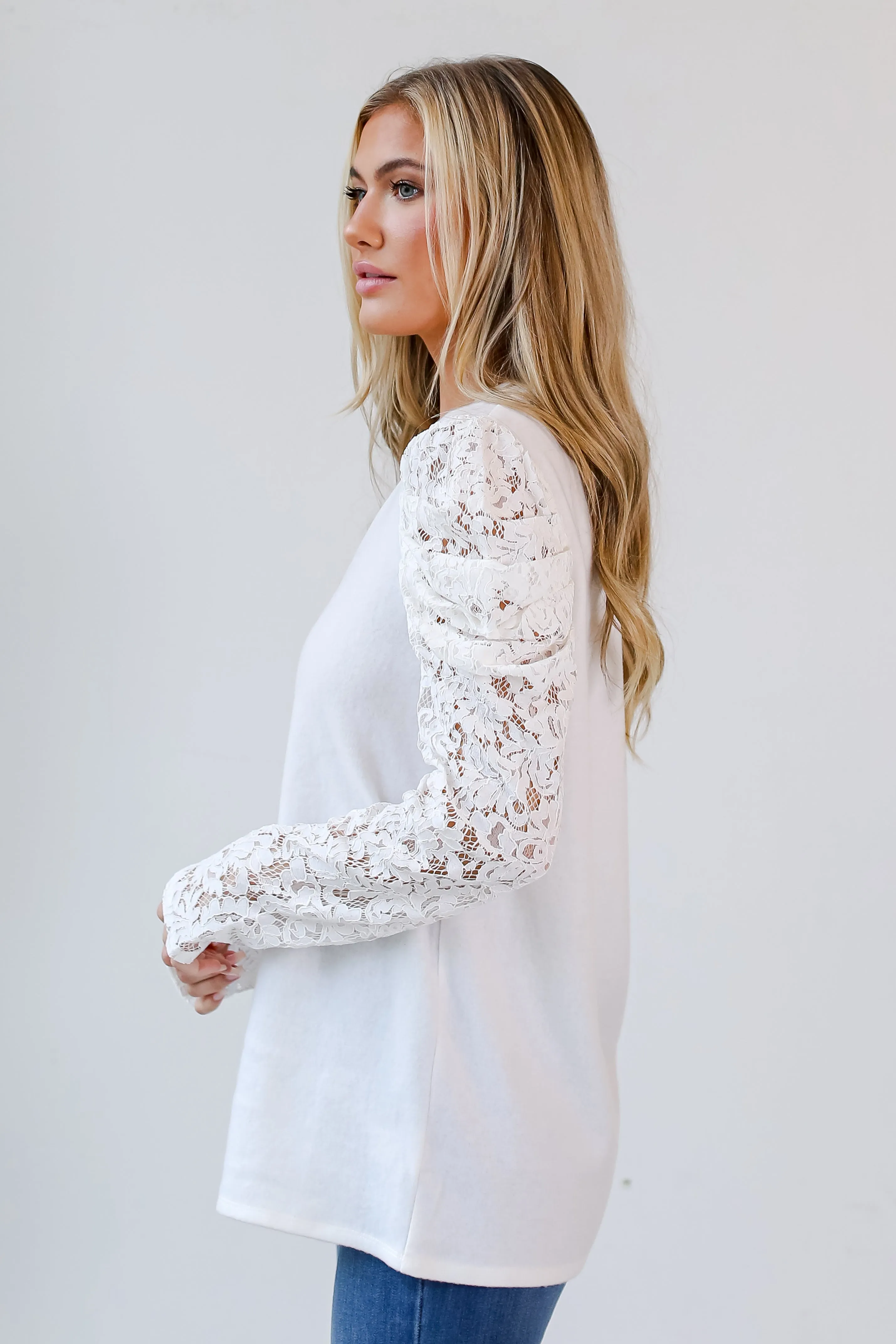 FINAL SALE - Effortless Flirt Off White Lace Sleeve Brushed Knit Top