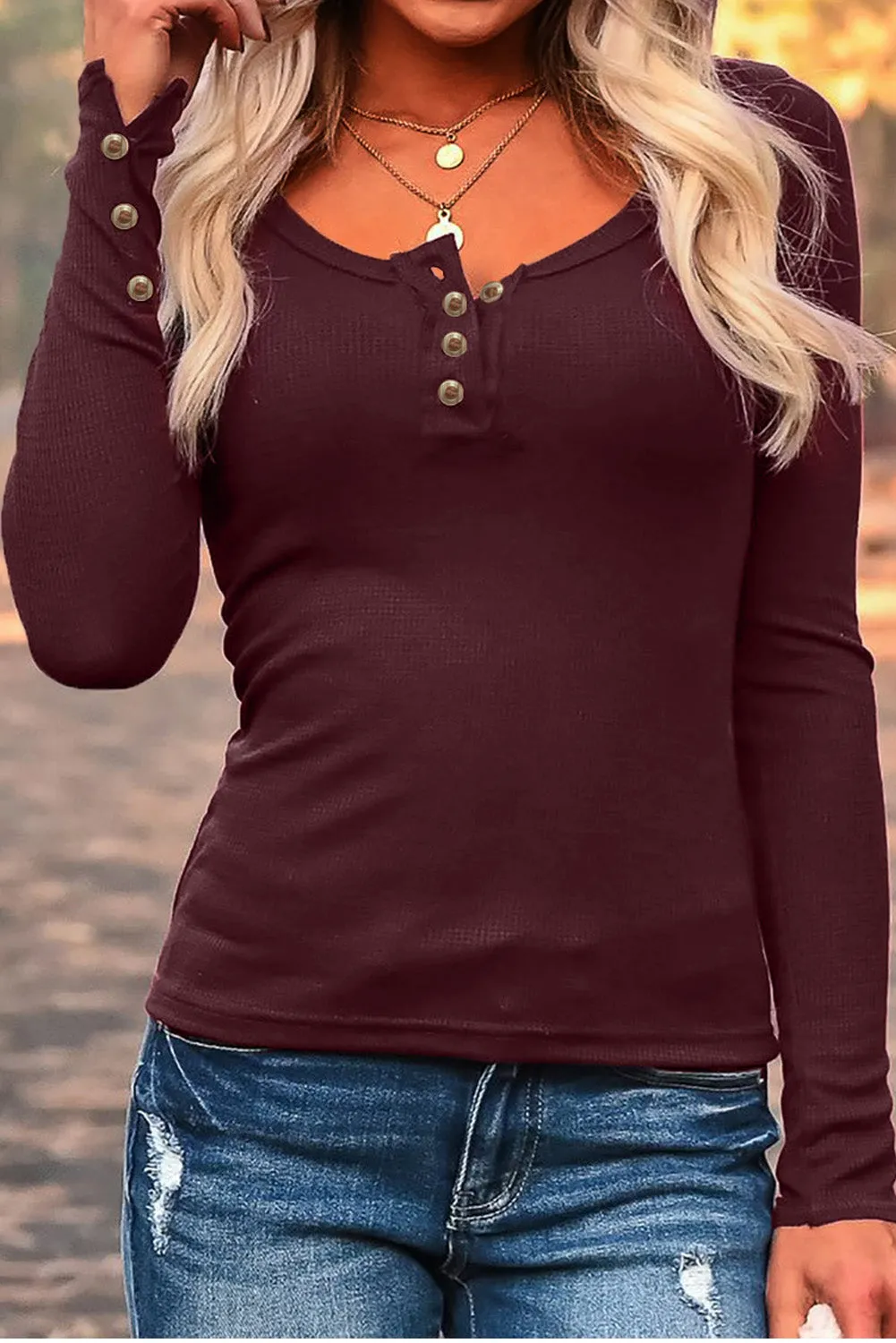 Flexible Button Closure Scoop Neck Long Sleeve Top