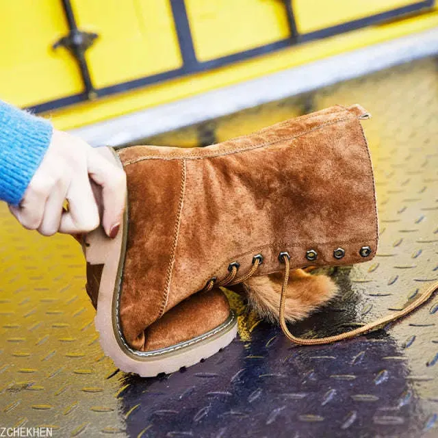 Fur Snow Boots Suede Leather Plush Oxford