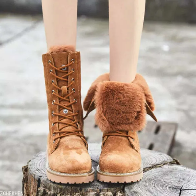 Fur Snow Boots Suede Leather Plush Oxford