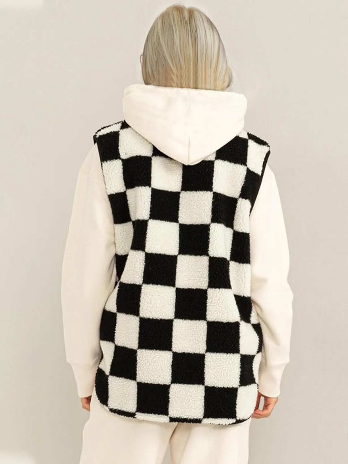 Fuzzy Zip Up Checkered Vest Coat