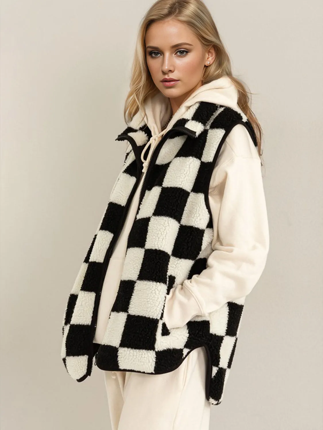 Fuzzy Zip Up Checkered Vest Coat