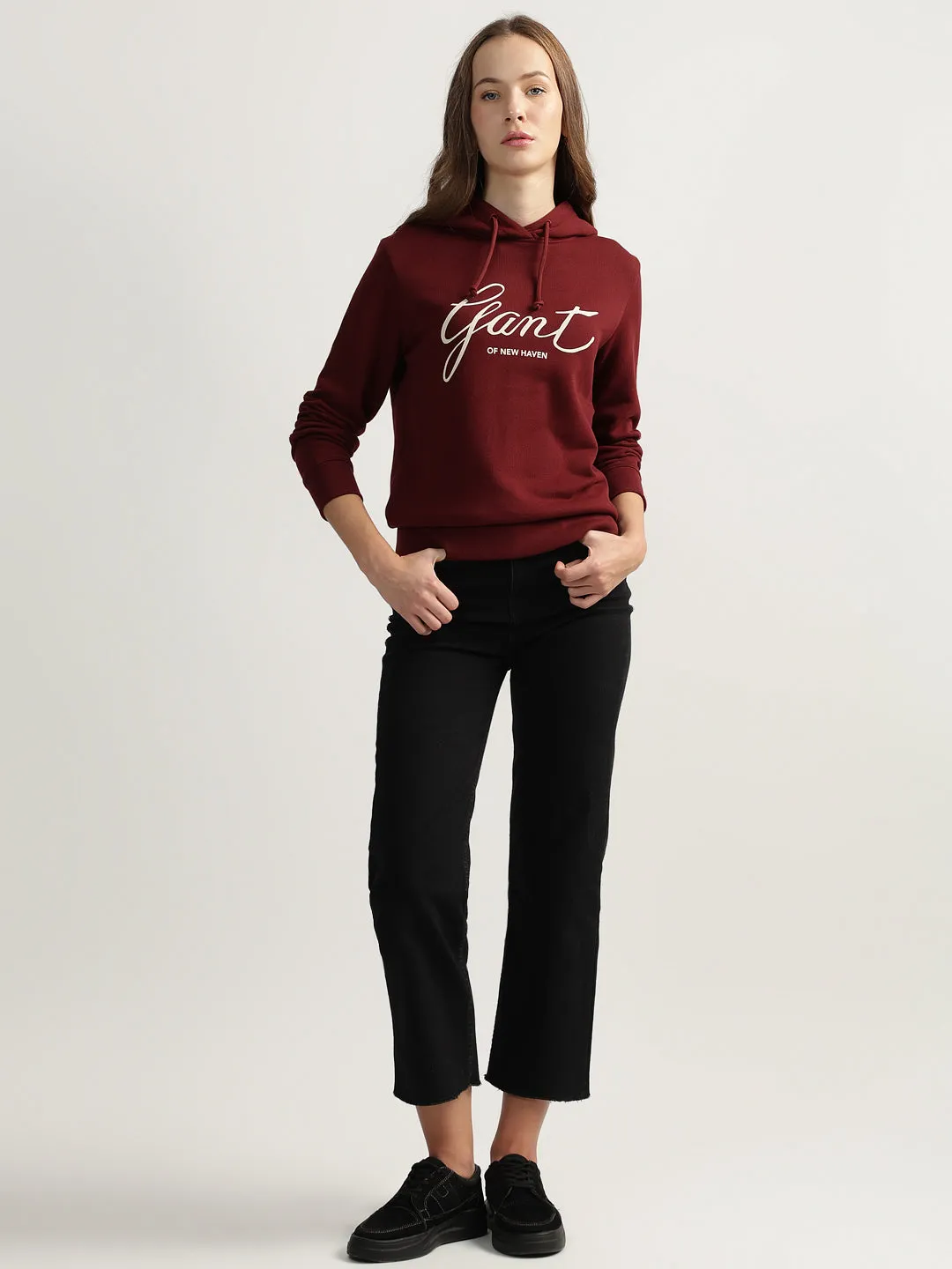 Gant Women Red Printed Hooded Full Sleeves Pullover Style Sweatshirt