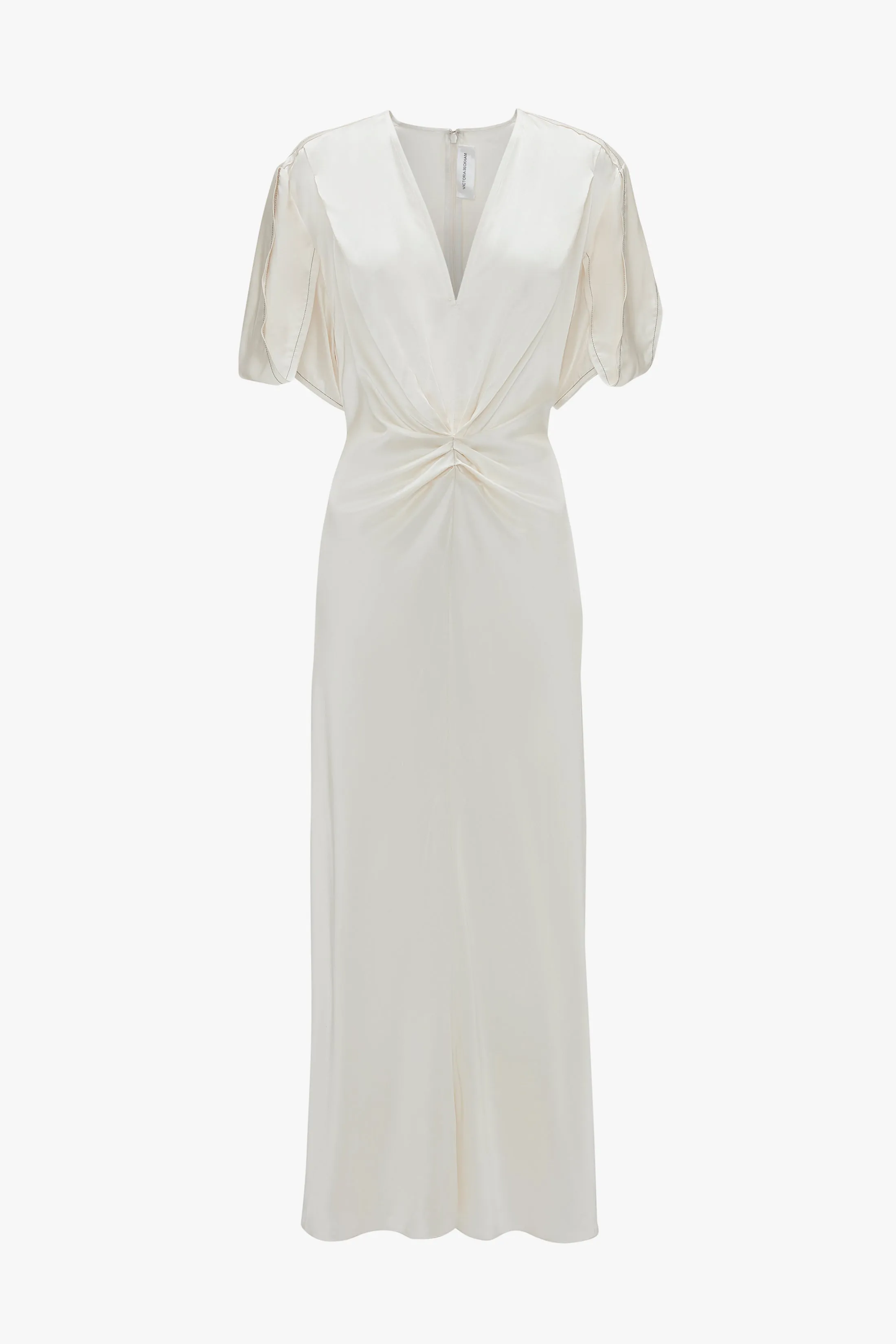 Gathered V-Neck Midi Dress In Ivory