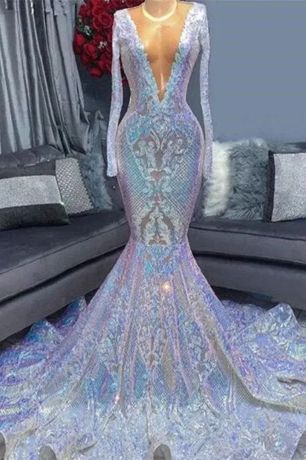 Gorgeous Sequins V-neck Long Sleeve pattern Floor-length Mermaid Prom Dresses