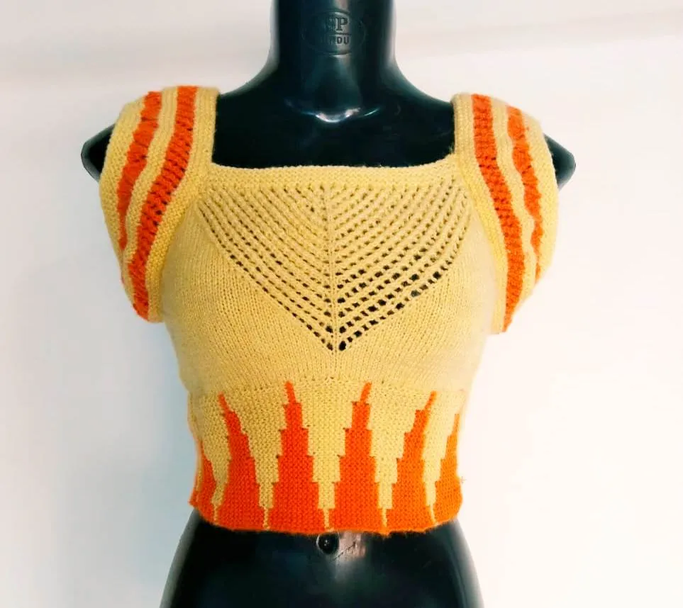 Graminarts Knitted Woolen Orange & Cream Beautiful Square Neck Women Blouse